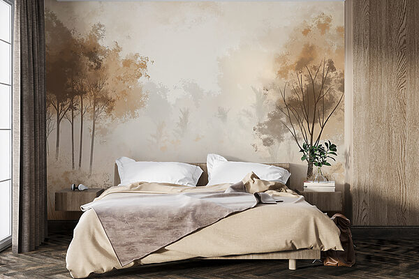 Fotobehang Mistig bos met bomen en gras