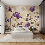 Fotobehang Paarse bloemen op een beige achtergrond
