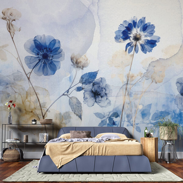 Blauwe en witte bloemen Fotobehang Blauwe en witte bloemen