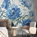 Fotobehang Blauwe bloemen op een witte achtergrond