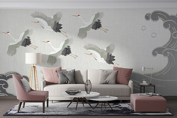 Groep vogels vliegt over een golf Fotobehang Groep vogels vliegt over een golf