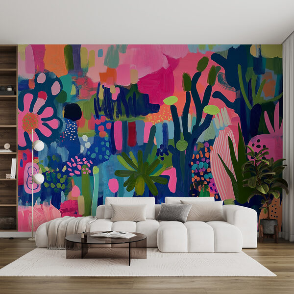 Kleurrijk schilderij van planten en bloemen Fotobehang Kleurrijk schilderij van planten en bloemen