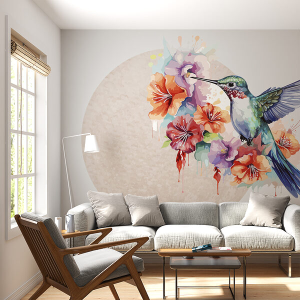 Kolibrie vliegend over bloemen Fotobehang Kolibrie vliegend over bloemen