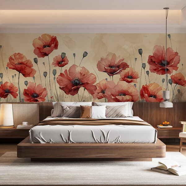 Schilderij van rode bloemen Fotobehang Schilderij van rode bloemen