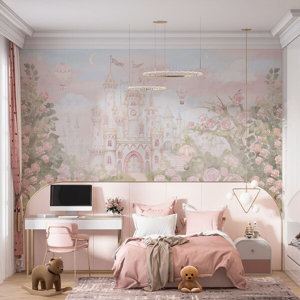 Fotobehang Fotobehang Kasteel met bloemen en luchtballonnen (Artikelnummer: w01524)