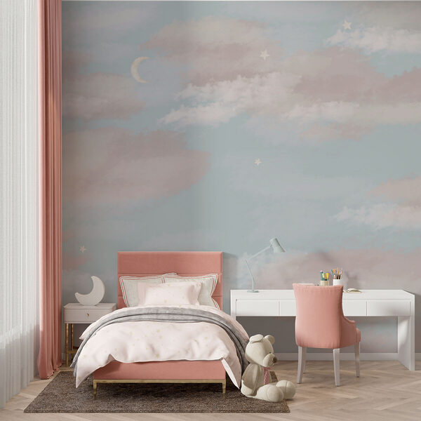 Blauwe lucht met wolken en een maansikkel Fotobehang Blauwe lucht met wolken en een maansikkel