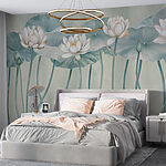 Fotobehang Groep witte bloemen en groene bladeren