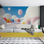 Fotobehang Landschap met ballonnen en gebouwen