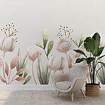Fotobehang Aquarel katoenen bloemen en bladeren