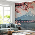 Fotobehang Berg met roze bloemen
