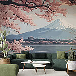 Fotobehang Berg met roze bloemen