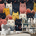 Fotobehang Groep katten met bloemen