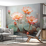 Fotobehang Groep roze bloemen met groene bladeren