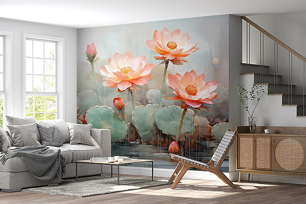 Groep roze bloemen met groene bladeren Fotobehang Groep roze bloemen met groene bladeren