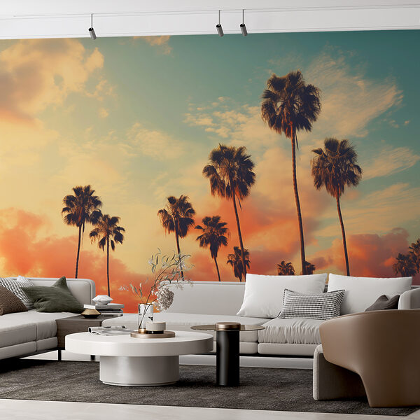 Groep palmbomen tegen een zonsondergang Fotobehang Groep palmbomen tegen een zonsondergang