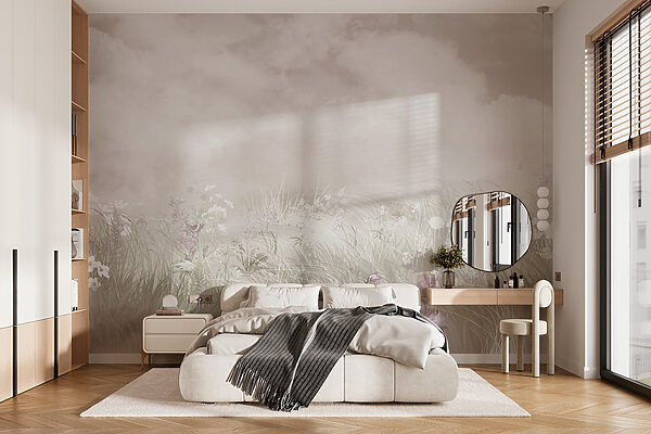 Fotobehang Veld met gras en bloemen