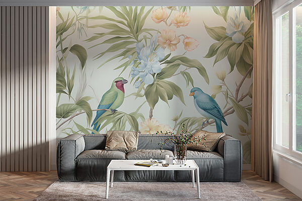 Behang met vogels en bloemen Fotobehang Behang met vogels en bloemen