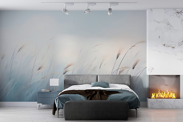 Grasveld met een mistige lucht Fotobehang Grasveld met een mistige lucht