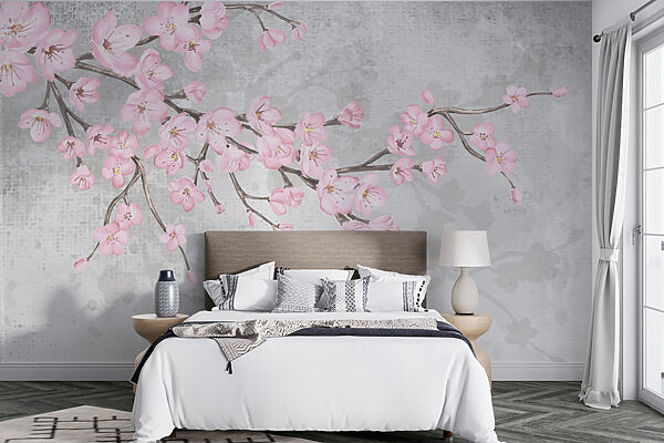Tak met roze bloemen Fotobehang Tak met roze bloemen