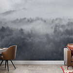 Fotobehang Mistig landschap met bomen