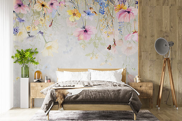 Schilderij van bloemen en vlinders Fotobehang Schilderij van bloemen en vlinders