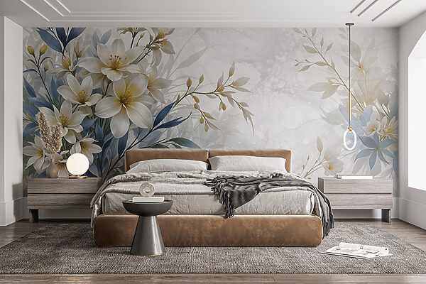 Schilderij van bloemen en bladeren Fotobehang Schilderij van bloemen en bladeren