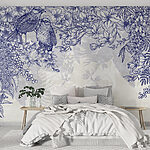 Fotobehang Blauw-witte tekening van vogels en bloemen