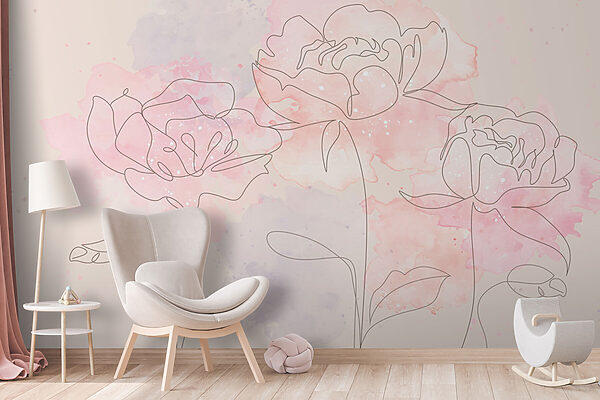 Tekening van bloemen op een roze achtergrond Fotobehang Tekening van bloemen op een roze achtergrond