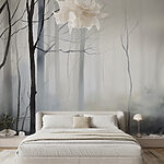 Fotobehang Mistig bos met bomen