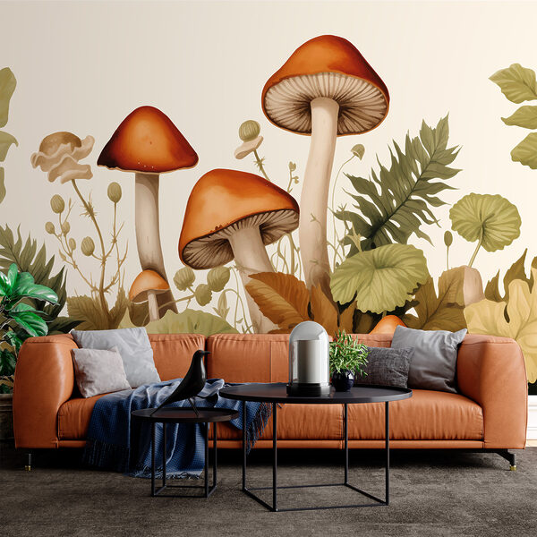 Groep paddenstoelen met bladeren Fotobehang Groep paddenstoelen met bladeren