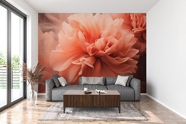 Etherische perzikbloesems dwarrelen rond Fotobehang Etherische perzikbloesems dwarrelen rond