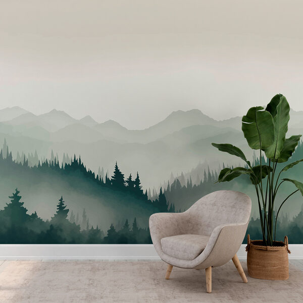 Mistig berglandschap met bomen en bergen Fotobehang Mistig berglandschap met bomen en bergen