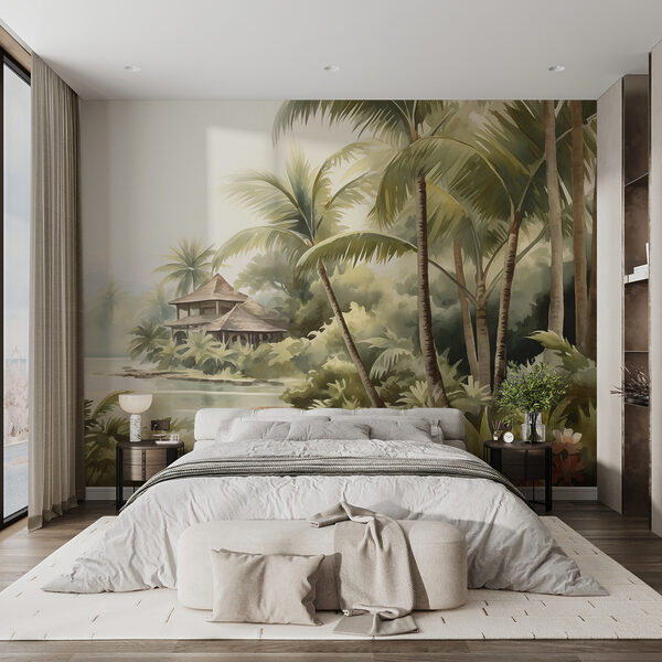 Aquarel van een huis en palmbomen Fotobehang Aquarel van een huis en palmbomen
