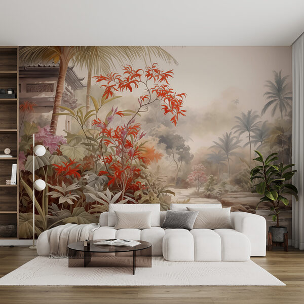 Schilderij van een rivier en bomen Fotobehang Schilderij van een rivier en bomen