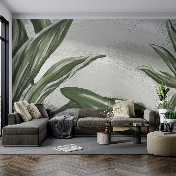 Fotobehang Fotobehang Groene bladeren tegen een gestructureerde achtergrond (Artikelnummer: w01682)