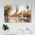 Canvas Schilderijen Waterfontein voor een gebouw
