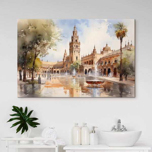 Waterfontein voor een gebouw Canvas Schilderijen Waterfontein voor een gebouw