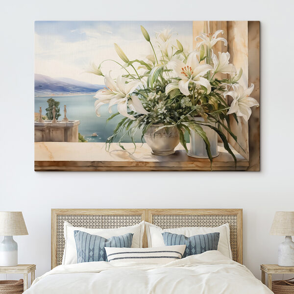 Schilderij van een witte bloempot met witte bloemen Canvas Schilderijen Schilderij van een witte bloempot met witte bloemen