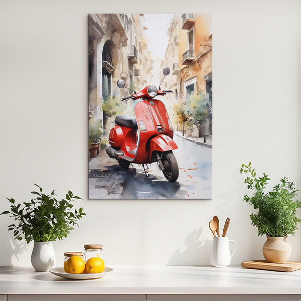 Rode scooter op straat Canvas Schilderijen Rode scooter op straat