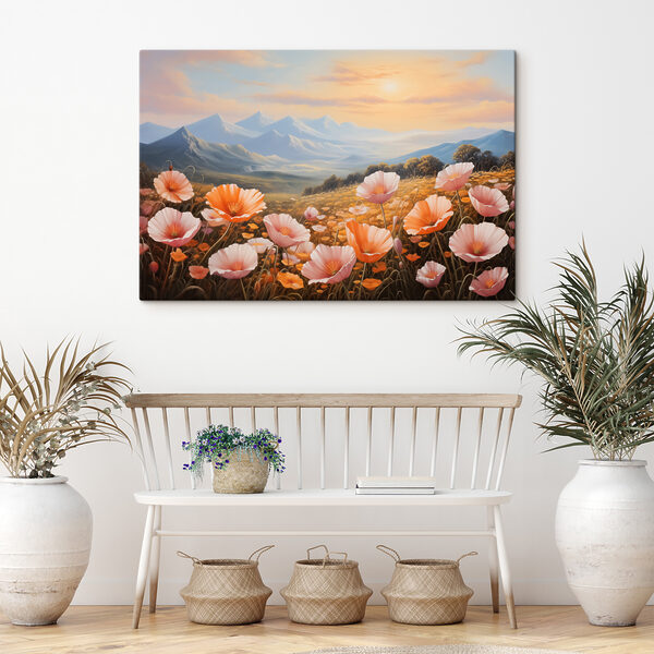 Bloemenveld met bergen op de achtergrond Canvas Schilderijen Bloemenveld met bergen op de achtergrond