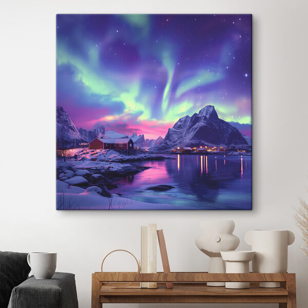 Besneeuwd landschap met bergen en een meer Canvas Schilderijen Besneeuwd landschap met bergen en een meer