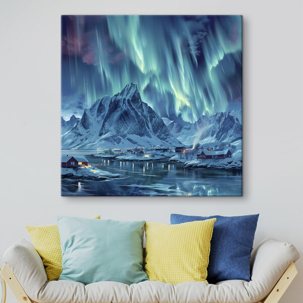 Besneeuwde bergketen met een dorp in de verte Canvas Schilderijen Besneeuwde bergketen met een dorp in de verte