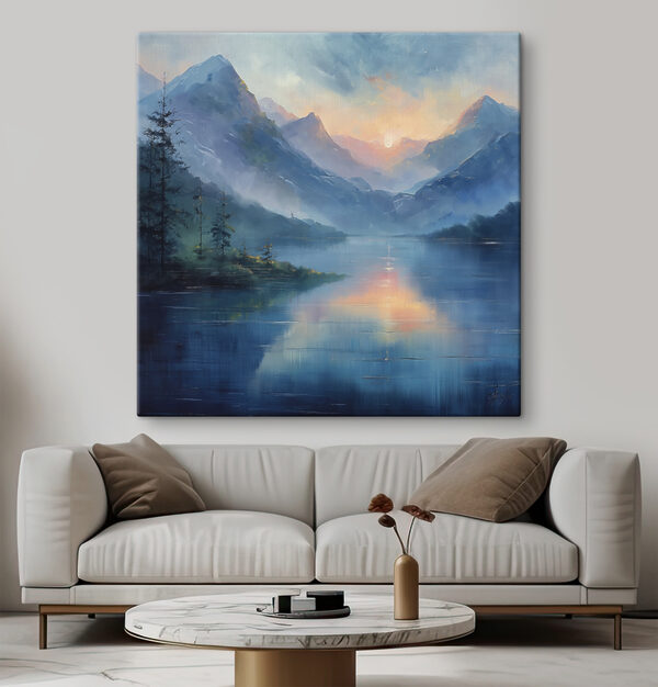 Schilderij van een meer met bergen en bomen Canvas Schilderijen Schilderij van een meer met bergen en bomen