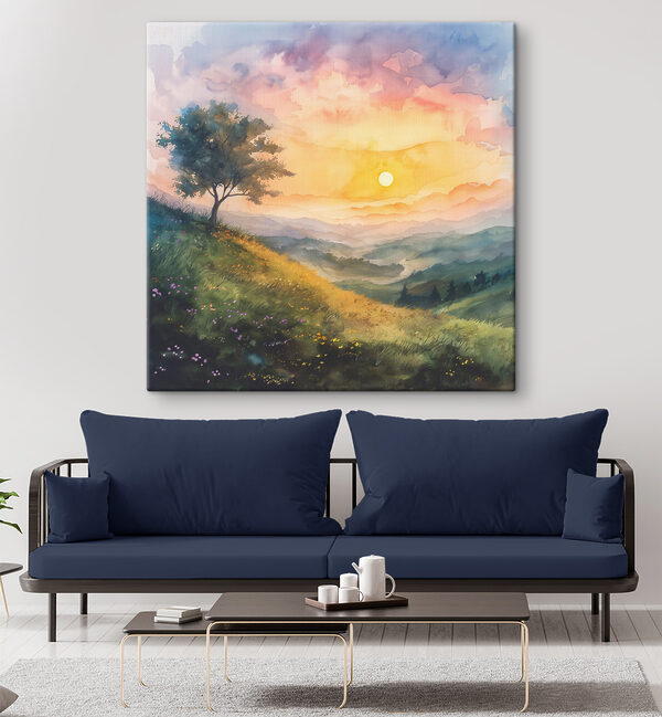 Schilderij van een landschap met een boom en bloemen Canvas Schilderijen Schilderij van een landschap met een boom en bloemen