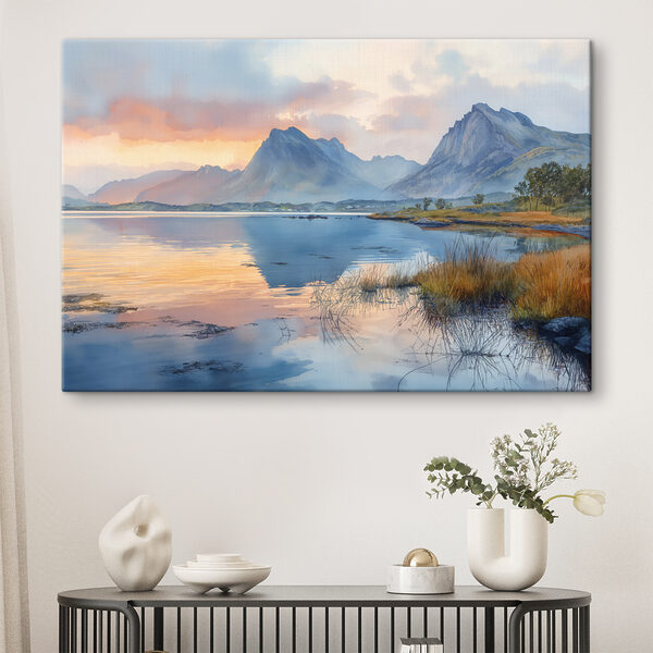 Water met bergen op de achtergrond Canvas Schilderijen Water met bergen op de achtergrond
