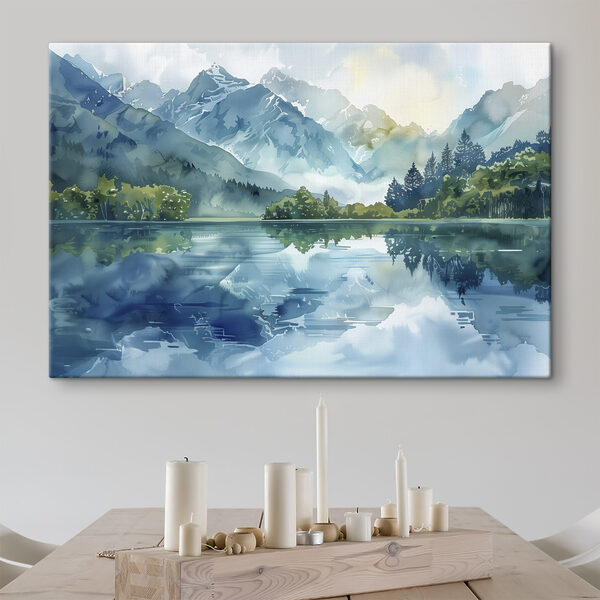 Waterschilderij van een meer met bomen en bergen op de achtergrond Canvas Schilderijen Waterschilderij van een meer met bomen en bergen op de achtergrond