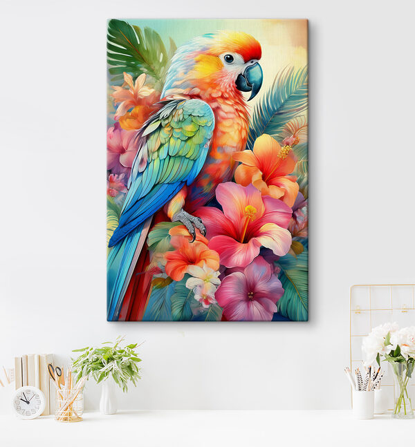 Kleurrijke papegaai op bloemenachtergrond Canvas Schilderijen Kleurrijke papegaai op bloemenachtergrond