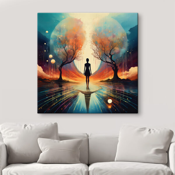 Vrouw staand op een reflecterend oppervlak met bomen en een grote maan Canvas Schilderijen Vrouw staand op een reflecterend oppervlak met bomen en een grote maan