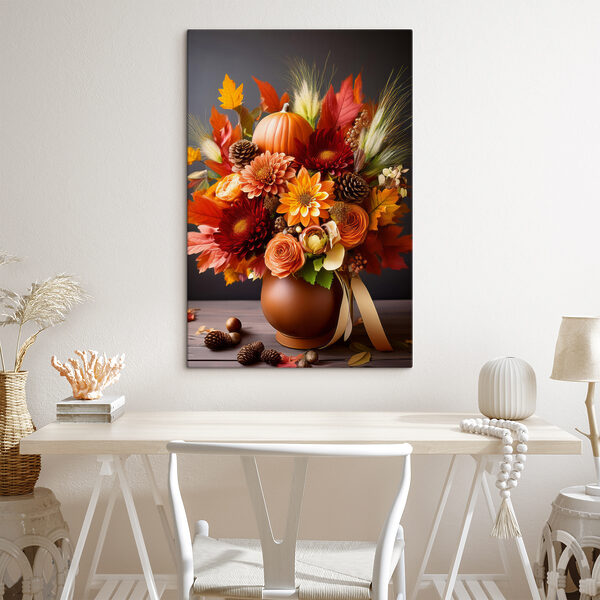 Vaas met bloemen en pompoenen Canvas Schilderijen Vaas met bloemen en pompoenen