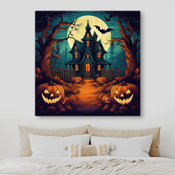 Huis met pompoenen en een hek ervoor Canvas Schilderijen Huis met pompoenen en een hek ervoor